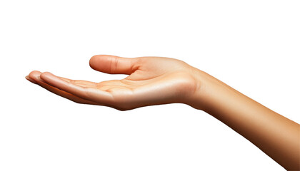 Hand reaching out with open palm on a transparent background for various design uses