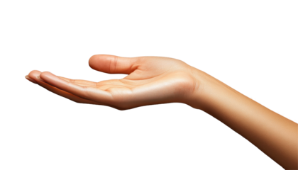 Hand reaching out with open palm on a transparent background for various design uses