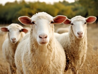Three White Sheep Standing in a Field, Grazing, Focused Close Up
