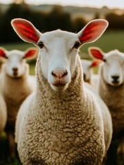Obraz premium Close-up portrait of a sheep, showing its head, ears, and wool in a flock.