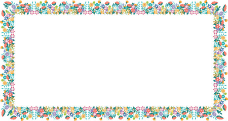 Horizontal rectangle background with hand drawn blooming flowers garden. Floral patterns border. Vector illustration on white or transparent background