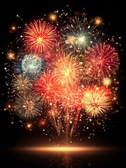 Naklejka premium Vibrant Fireworks Bursting Against a Black Sky, Celebration and Joy