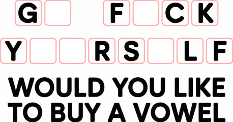 Minimalist Typographic Humor Design – “Would You Like to Buy a Vowel?” Wheel of Fortune Style Puzzle Graphic