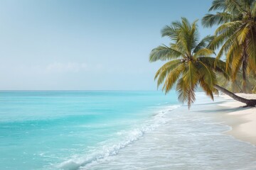 Fototapeta premium Calm beach with clear turquoise water and swaying palm trees on a sunny day near the shore