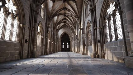 Sunlit gothic archway corridor with intricate stonework and majestic architecture - Powered by Adobe