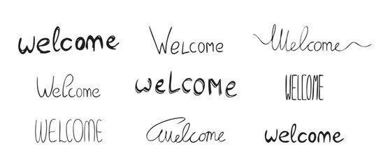 Lettering Welcome. Set of handwritten cursive, stretched text for Greeting. Different creative Decorative styles. Isolated Word collection. Ink written calligraphy. Design element. Vector illustration