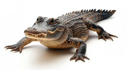 A detailed crocodile is positioned against a stark white background, showcasing its textured scales and powerful form.

