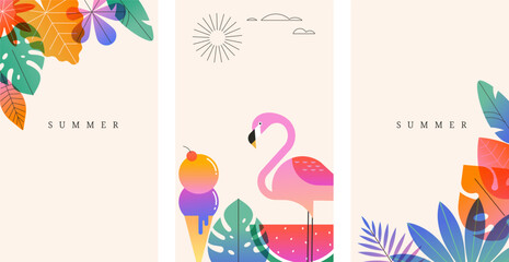 Hello Summer vertical backgrounds with tropical icons. Colorful flat vector illustration of flamingo, jungle leaves, watermelon, swimsuit, sunglasses, and ice cream in modern vibrant style.