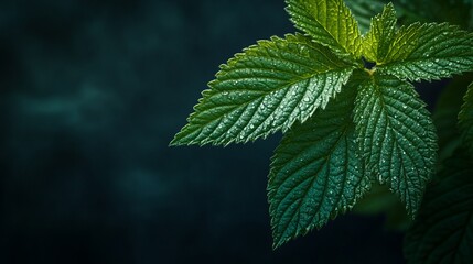 Vibrant Green Leaves Dew Drops Nature Photography Dark Background Lush Foliage Closeup Detailed Texture Natural Beauty Spring Summer Botanical Garden Plant Life