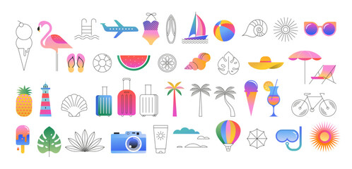 Plakat Summer vacation vector illustration set. Colorful tropical icons including beach elements, travel symbols, fruit, ice cream, swimwear, palm trees, and sun in modern flat style.