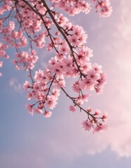 Obraz premium Floating pink sakura petals against a pastel sky Soft focus , blossom, softfocus