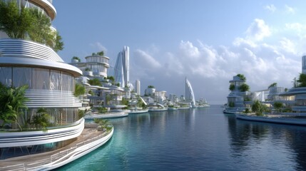 Innovative futuristic cityscape featuring eco-friendly architecture along a serene waterway
