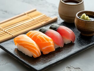 Sushi platter featuring colorful nigiri with soy sauce and wasabi on a black slate serving board