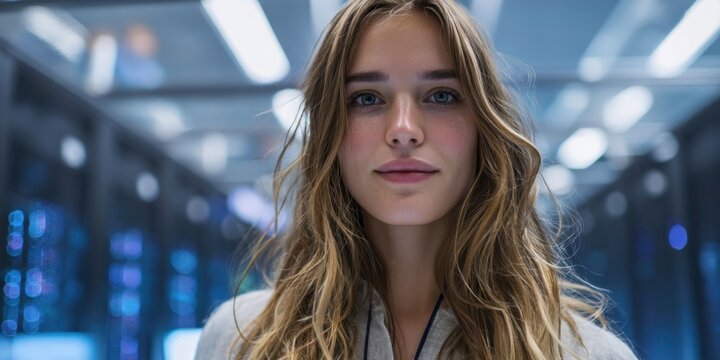 Young Woman Overseeing Data Collection in Modern Server Room