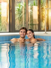 Fototapeta premium A young couple sits in a tranquil indoor pool smiles brightening their faces. Sunlight filters through the large windows casting warm reflections on the water's surface.