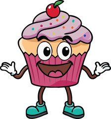 happy cupcake cartoon character with arms and legs