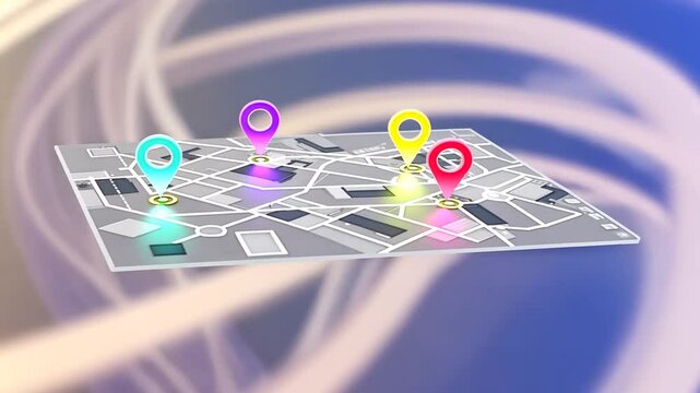 Animated 3D Isometric Map with Four Colored Location Markers and Light Overlay Against Abstract Background