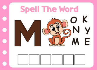 spell the word of monkey  . cute little lion with letter of m