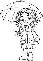 girl using umbrella line vector illustration isolated on white background