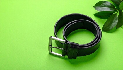 black leather belt isolated on green plain background
