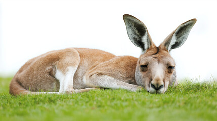Fototapeta premium A full-body kangaroo sleeping in grass isolated on a white background. 