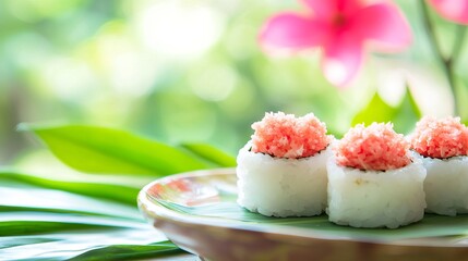 Delicious Spicy Tuna Sushi Rolls Fresh Seafood Japanese Cuisine Gourmet Food Photography Restaurant Menu Asian Food Background Tropical Summer Vibe eat soy rice