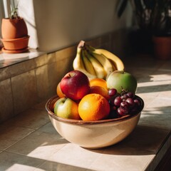 A bowl of fresh fruit sits on a kitchen counter, bathed in sunlight. Apples, oranges, grapes, and bananas create a vibrant still life.