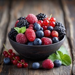 A rustic bowl overflowing with a vibrant mix of fresh raspberries, blueberries, blackberries, and red currants. A summery delight!