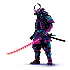 Fototapeta premium Neon Samurai Warrior with Glowing Katana