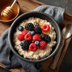 A delicious bowl of oatmeal topped with fresh berries and a drizzle of honey. The perfect healthy breakfast!