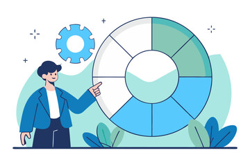 A cartoon illustration depicting a person pointing at a segmented circle chart, with a gear icon in the background, suggesting time management, task management, project management, planning, schedulin