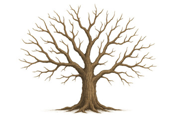 Bare tree silhouette revealing intricate branching pattern, standing stark against transparent backdrop, embodying natural elegance