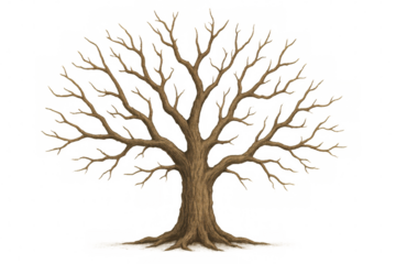 Bare tree silhouette revealing intricate branching pattern, standing stark against transparent backdrop, embodying natural elegance