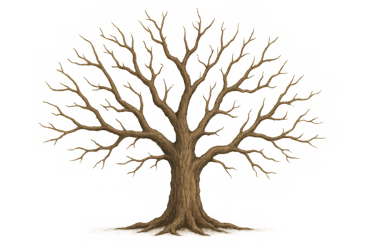 Bare tree silhouette revealing intricate branching pattern, standing stark against transparent backdrop, embodying natural elegance