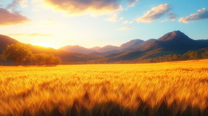 Golden wheat field at sunset, mountains in background