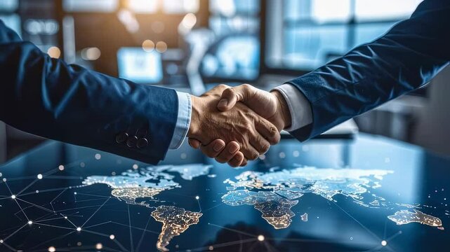 Global Strategic. Business Executives Shaking Hands Over World Map &mdash; Global Partnership and Strategic Alliance in Modern Office

