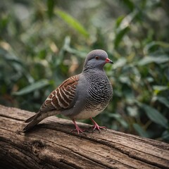 Grey wild pigeons, doves, or partridges perched on the ground, a fence, and a rock in nature, showcasing their feathers, beaks, and eyes