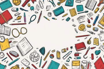 Creative workspace designed with colorful school items arranged around an empty center for engaging classroom activities or study sessions