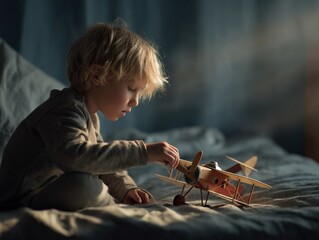 A young boy with blonde hair sits on his bed, absorbed in playing with a vintage wooden airplane toy. The soft lighting creates a calm and dreamy atmosphere.