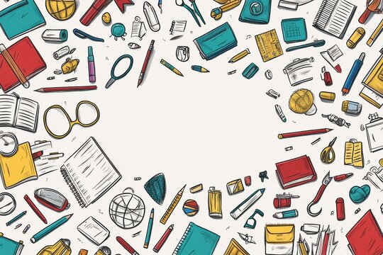 Creative workspace designed with colorful school items arranged around an empty center for engaging classroom activities or study sessions