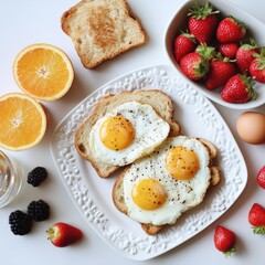 Sunny-side up eggs on toast with fresh fruit. A delicious and healthy breakfast.