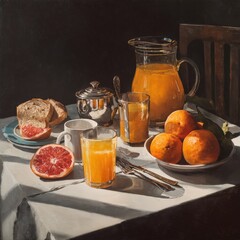 Sunlit breakfast table with fresh-squeezed orange juice, grapefruit, bread, and oranges.