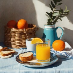 A sunny breakfast scene with fresh orange juice, pastries, and oranges in a wicker basket.