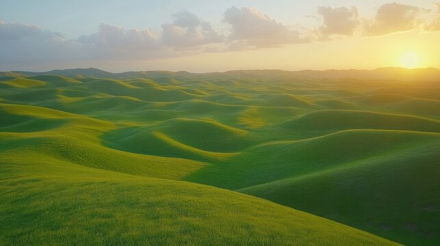 Lush green hills roll gently under a golden sunset