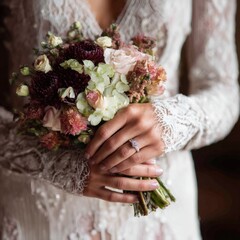 A bride delicately holds her beautiful autumnal bouquet, showcasing a stunning engagement ring.