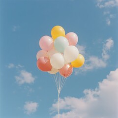 Pastel-colored balloons float against a bright blue sky, creating a cheerful and whimsical scene.