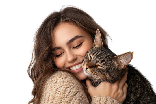Person with red hair joyfully holds an orange tabby cat against a transparent background, showcasing a bond of affection and warmth between them