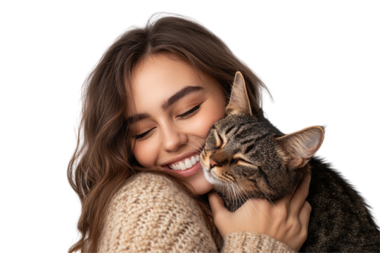 Person with red hair joyfully holds an orange tabby cat against a transparent background, showcasing a bond of affection and warmth between them