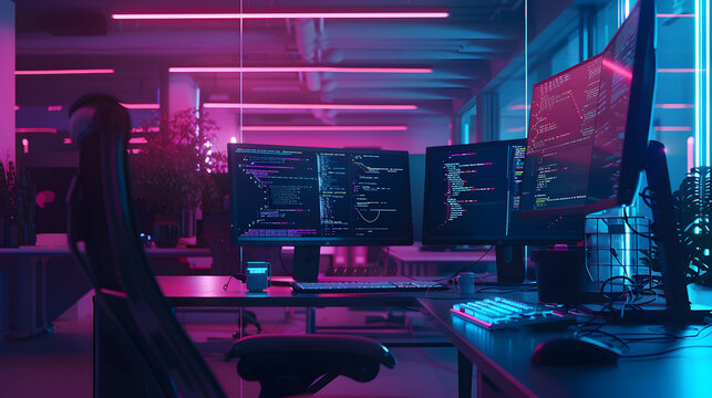 Office setup with multiple monitors displaying code under neon lights and a swivel chair