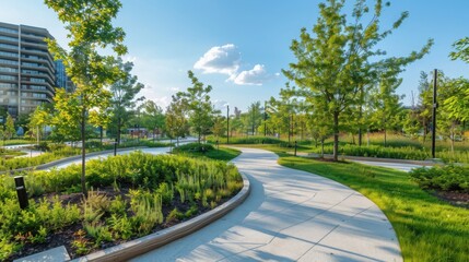 A winding path through a park with lush greenery and trees under a bright blue sky near buildings